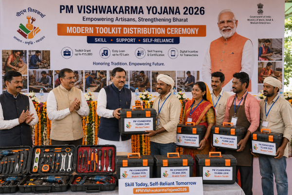 Modern toolkit distribution ceremony for artisans under PM Vishwakarma Yojana 2026.