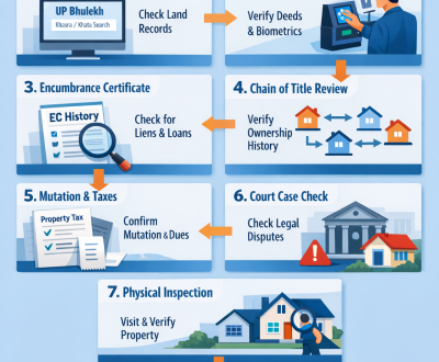 Infographic showing the 2026 property verification steps in UP including Bhulekh portal check, IGRSUP biometric registration, and RERA compliance.