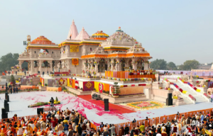The grand facade of the Shri Ram Janmabhoomi Mandir in Ayodhya with its Nagara-style spires.