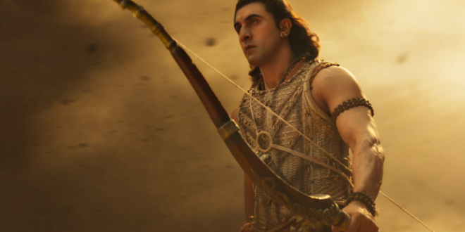 Ranbir Kapoor as Lord Rama holding a golden bow in the official 2026 Ramayana movie teaser.