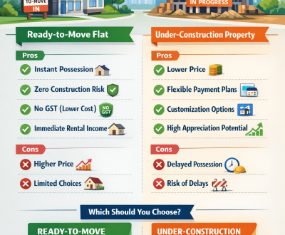 Infographic comparing Ready-to-Move vs Under-Construction property benefits in India 2026.