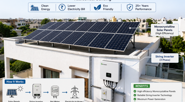 Rooftop solar panel installation showing monocrystalline panels and string inverter on a residential building.