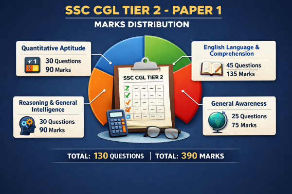 Infographic showing the marks distribution for SSC CGL Tier 2 Paper 1 sections.