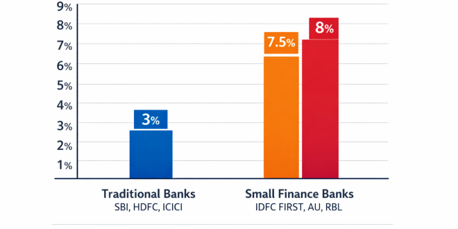 A bar graph comparing the 3% interest rates of traditional Indian banks with the 7.5% to 8% rates offered by Small Finance Banks in 2026.