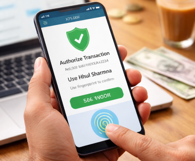 A person using a fingerprint sensor on a smartphone to authorize a secure digital bank transaction in India.