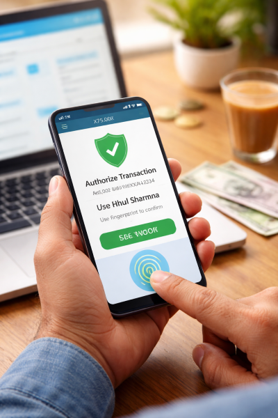 A person using a fingerprint sensor on a smartphone to authorize a secure digital bank transaction in India.