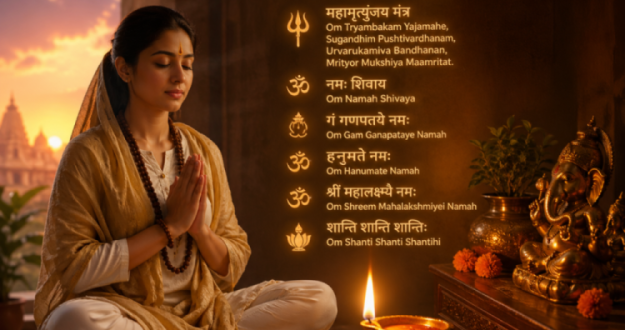 A peaceful devotee meditating with a glowing diya while chanting sacred Hindu mantras for success, protection, and inner peace.