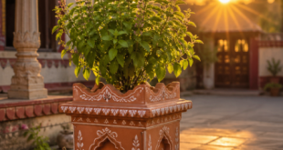 A subtle watermark of a Tulsi leaf