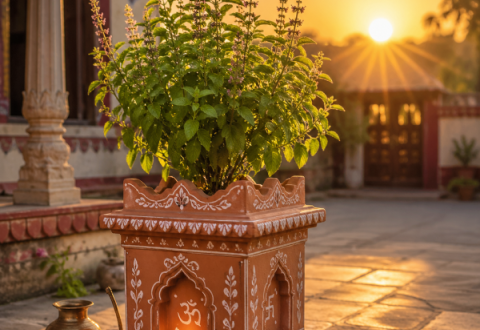 A subtle watermark of a Tulsi leaf