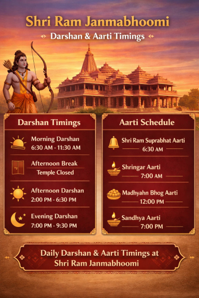 Infographic showing daily darshan timings and aarti schedule at Shri Ram Janmabhoomi.