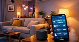 A modern Indian living room with smart lighting, a smart speaker on a side table, and a smartphone app controlling the home environment.