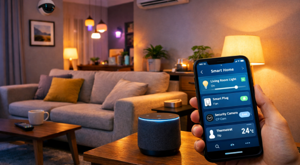 A modern Indian living room with smart lighting, a smart speaker on a side table, and a smartphone app controlling the home environment.