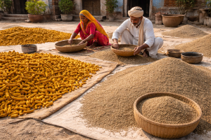 Dried turmeric roots and cumin seeds spread out for sorting by farmers in Bihar.