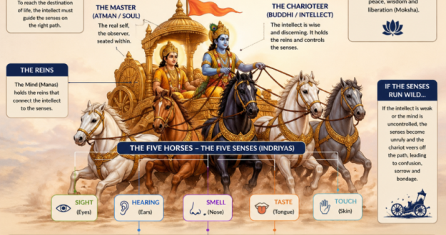 A diagram representing the Bhagavad Gita's chariot allegory where the Five Horses represent the Five Senses and the Charioteer represents the Intellect.