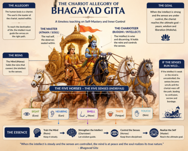 A diagram representing the Bhagavad Gita's chariot allegory where the Five Horses represent the Five Senses and the Charioteer represents the Intellect.