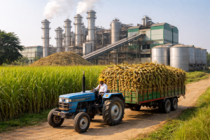 Tractor transporting freshly harvested sugarcane to a modern ethanol processing mill in Uttar Pradesh.