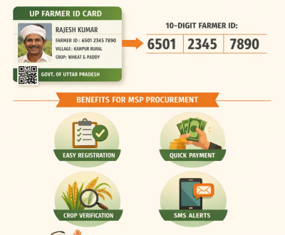 Infographic showing the 10-digit UP Digital Farmer ID and its benefits for MSP procurement.