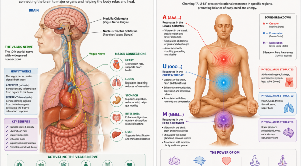 Diagram of the Vagus Nerve connection to the brain," "Anatomical resonance points of A-U-M sounds in the human body.