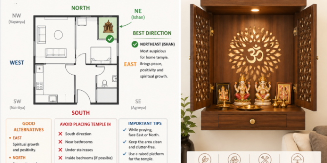 Diagram of Vastu Shastra directions for home temple placement," "Modern wooden wall-mounted mandir for apartments.
