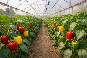 Organic bell peppers growing in a climate-controlled greenhouse in a rural North Indian farm.