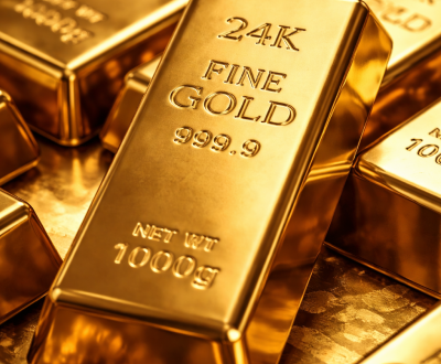 Close-up of 24K gold bullion bars representing financial security.