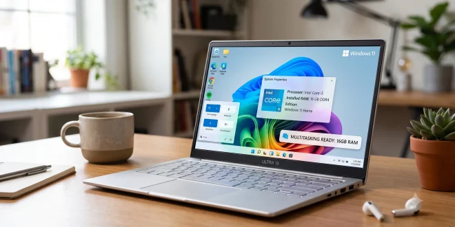 Modern thin and light budget laptops under 50000 displaying 16GB RAM Windows 11 desktop environment.