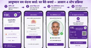 A clear step-by-step visual infographic displaying the beneficiary login screen, Aadhaar-linked OTP input field, face authentication eKYC interface, and the final approved purple-themed Ayushman Vaya Vandana card on a smartphone screen.