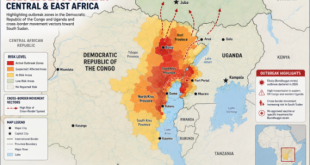 Geographic risk map of Central and East Africa highlighting the 2026 Ebola outbreak zones across the Democratic Republic of the Congo and Uganda, showing cross-border movement vectors toward South Sudan.