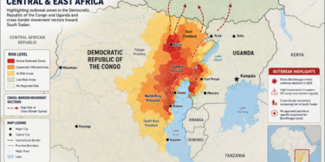 Geographic risk map of Central and East Africa highlighting the 2026 Ebola outbreak zones across the Democratic Republic of the Congo and Uganda, showing cross-border movement vectors toward South Sudan.