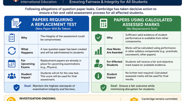 A clear infobox grid outlining Cambridge's resolution path, separating papers requiring a replacement test from those using calculated assessed marks.
