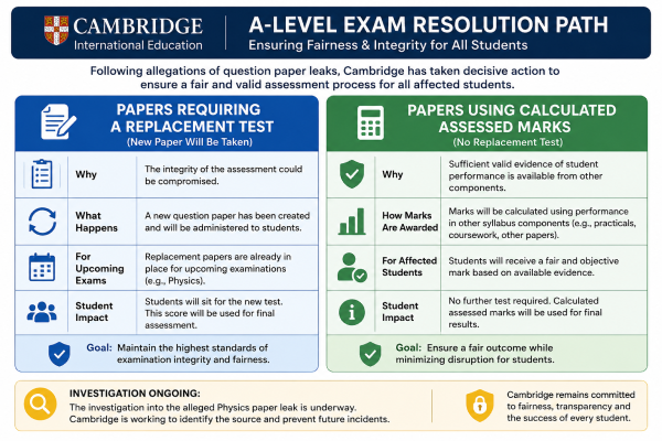 A clear infobox grid outlining Cambridge's resolution path, separating papers requiring a replacement test from those using calculated assessed marks.