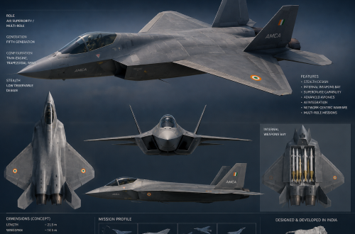 Official concept design illustration of India's twin-engine AMCA fifth-generation stealth fighter jet featuring a trapezoidal wing profile and internal weapons bay.