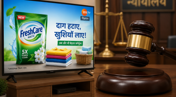 टीवी स्क्रीन पर विज्ञापन का दृश्य और कोर्ट का न्यायदंड (हैमर).