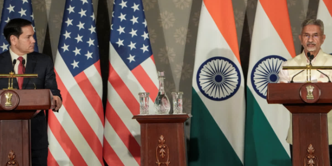 US External Affairs minister Marco Rubio and Indian External Affairs Minister S. Jaishankar addressing a joint press conference at Hyderabad House in New Delhi, discussing strategic cooperation.