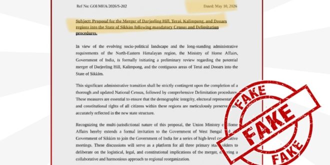 A close-up of a forged Government of India Ministry of Home Affairs document debunked as a fake letter regarding the Darjeeling-Sikkim merger.