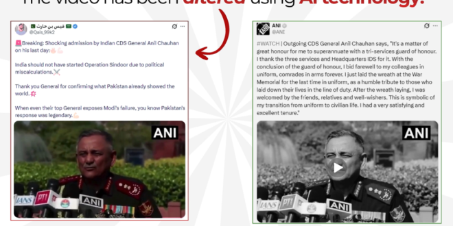 Labeled visual comparison demonstrating a side-by-side technical evaluation of a deepfake video frame versus authentic military press footage, highlighting lip-sync tracking boundaries and digital audio waveform anomalies.