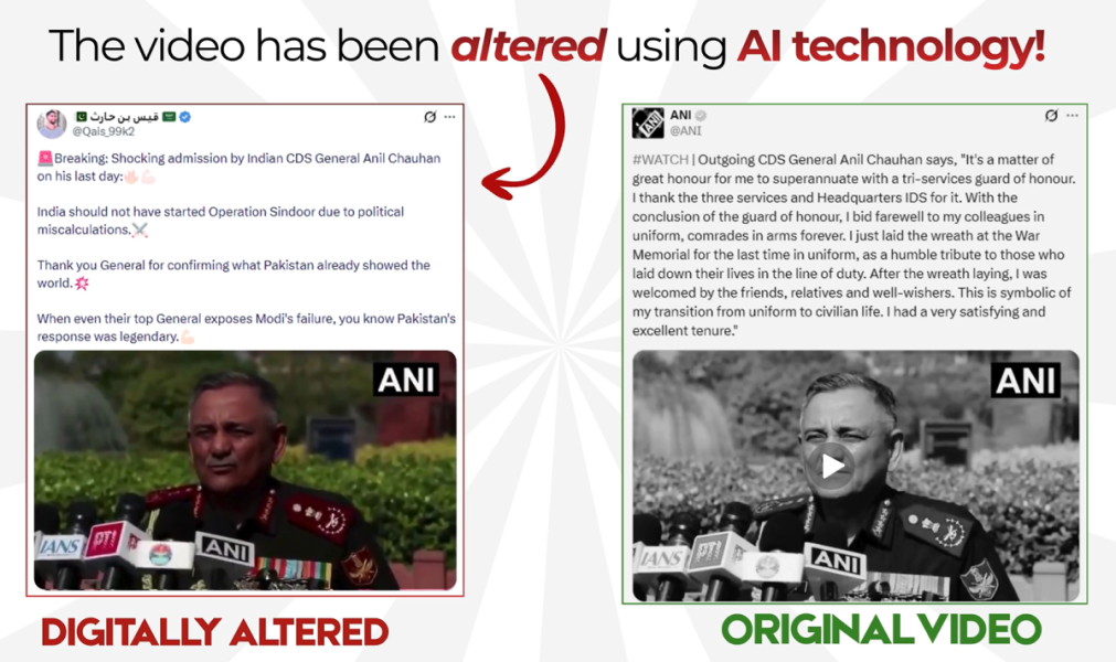 Labeled visual comparison demonstrating a side-by-side technical evaluation of a deepfake video frame versus authentic military press footage, highlighting lip-sync tracking boundaries and digital audio waveform anomalies.