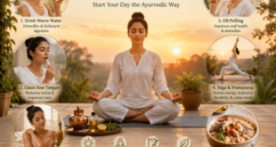 A person practicing Ayurvedic morning rituals including yoga, warm water drinking, meditation, and sunrise wellness routine.