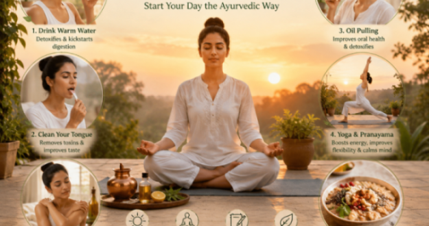A person practicing Ayurvedic morning rituals including yoga, warm water drinking, meditation, and sunrise wellness routine.