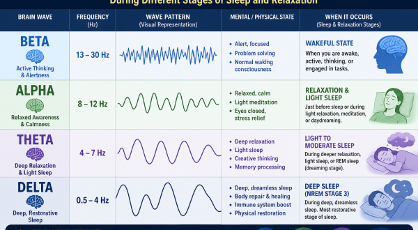 Diagram showing Beta, Alpha, Theta, and Delta brain waves during different stages of sleep and relaxation.