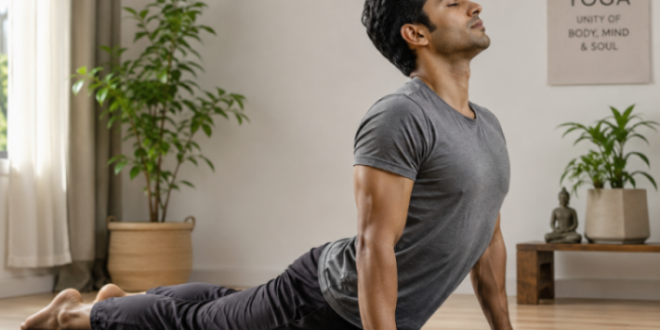 A person practicing Hatha Yoga Cobra pose on a mat for physical flexibility and strength.