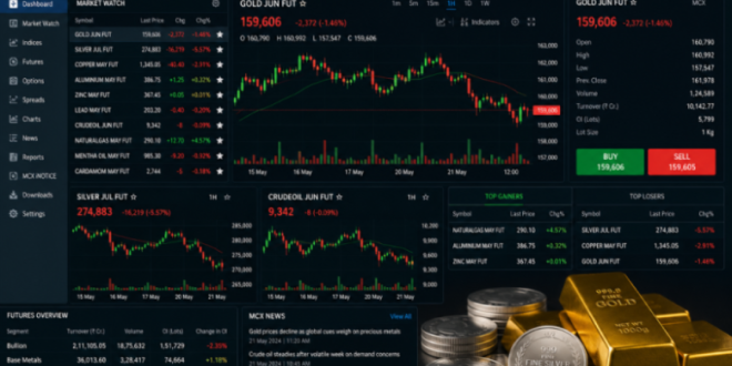 A professional financial dashboard displaying real-time MCX commodity futures trading charts, gold bars, and silver coins.