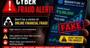 Graphic warning banner illustrating a digital cyber fraud alert over a blurred smartphone screen displaying fake financial data charts.