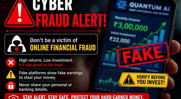 Graphic warning banner illustrating a digital cyber fraud alert over a blurred smartphone screen displaying fake financial data charts.