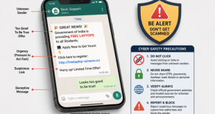 Labeled diagram of a smartphone displaying a deceptive phishing message next to a warning shield, illustrating cyber safety precautions.