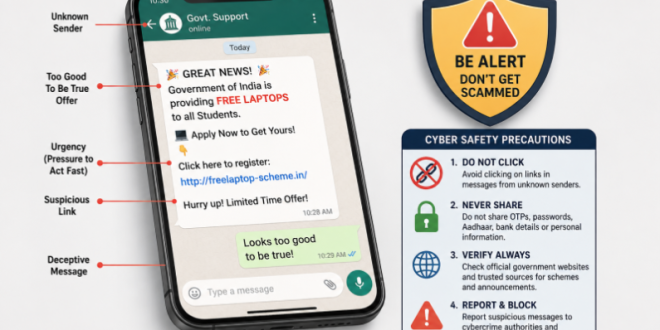 Labeled diagram of a smartphone displaying a deceptive phishing message ...