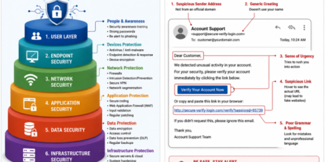 Infographic showing layers of cyber security defense including network and application security," "Diagram of a phishing email showing suspicious links and sender addresses.
