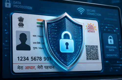 A close-up illustration of a digital shield protecting an identification card document on a secure computer screen, representing online data privacy.