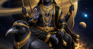 Lord Shani Dev idol with a crown and traditional weapons sitting on a crow, set against a celestial background of the planet Saturn.