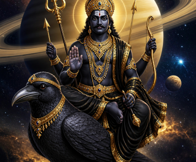 Lord Shani Dev idol with a crown and traditional weapons sitting on a crow, set against a celestial background of the planet Saturn.